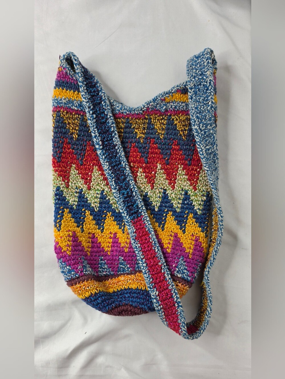 Mochila Style Crochet Bucket Bag Multicolor Zig Zag Pattern Boho Festival Hippie